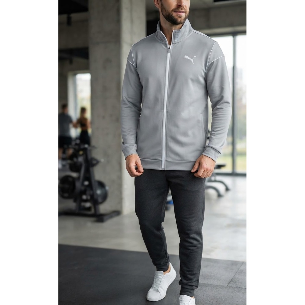 Puma Mens Track Jacket Gray Full Zip Mock Neck Athletic Sweatshirt Size M NEW